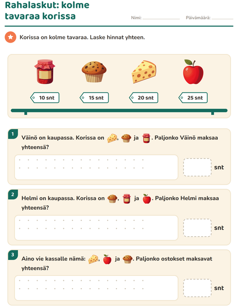 Esikatselu: Rahalaskut-tehtäväarkki, aiheena Aamiainen, 2. luokka