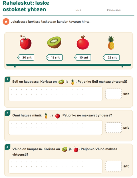 Esikatselu: Rahalaskut-tehtäväarkki, aiheena Hedelmät, 2. luokka