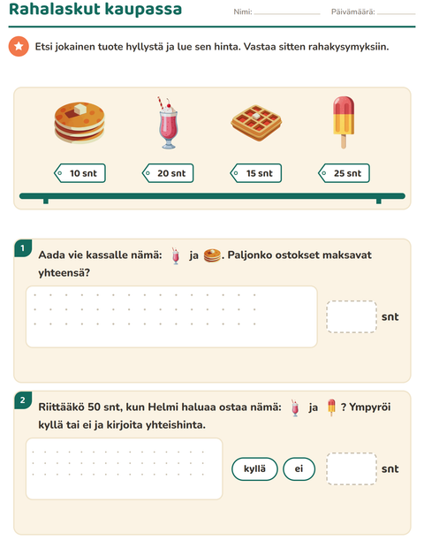 Esikatselu: Rahalaskut-tehtäväarkki, aiheena Jälkiruoat ja makeiset, 2. luokka