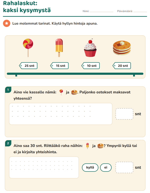 Esikatselu: Rahalaskut-tehtäväarkki, aiheena Jälkiruoat ja makeiset, 2. luokka