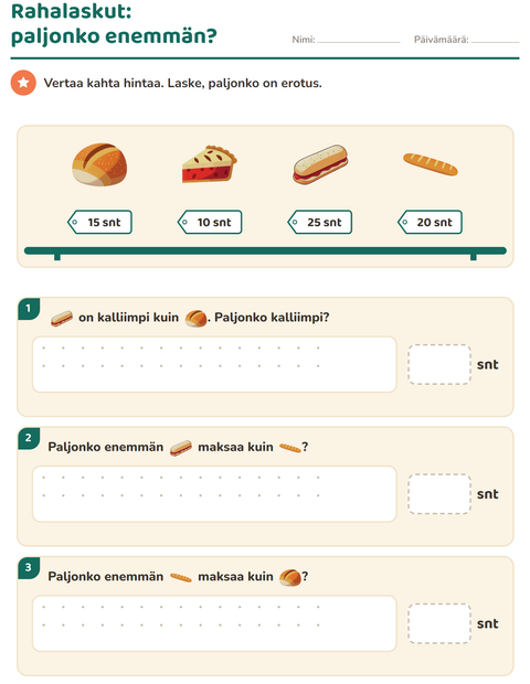Esikatselu: Rahalaskut-tehtäväarkki, aiheena Leipomo, 2. luokka