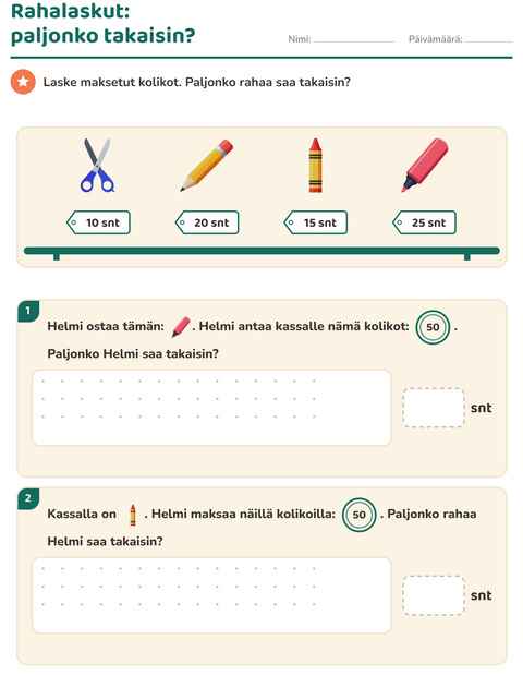 Esikatselu: Rahalaskut-tehtäväarkki, aiheena Luokkahuone, 2. luokka