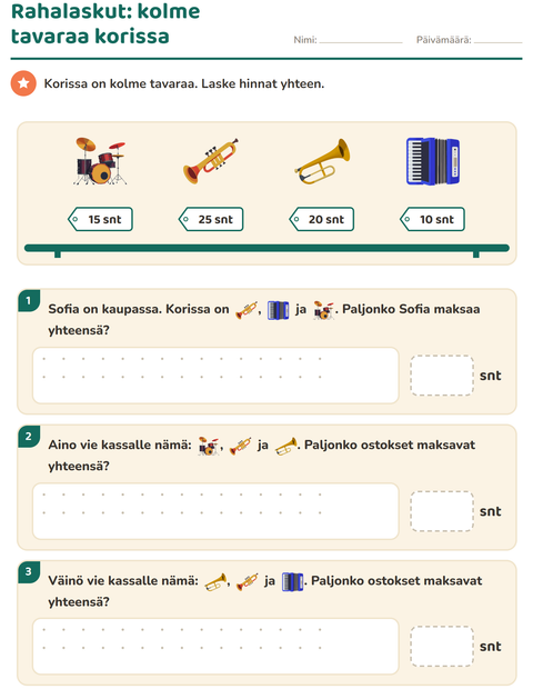 Esikatselu: Rahalaskut-tehtäväarkki, aiheena Musiikki, 2. luokka