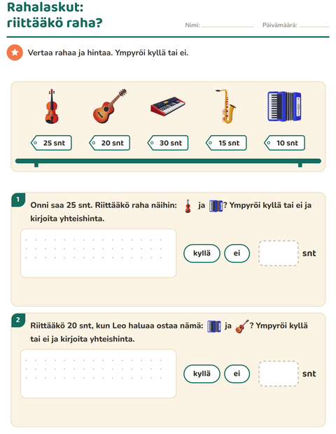 Esikatselu: Rahalaskut-tehtäväarkki, aiheena Musiikki, 2. luokka
