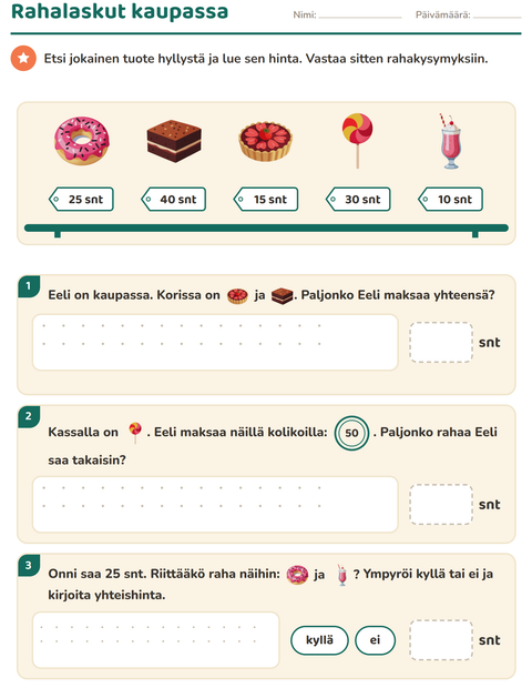 Esikatselu: Rahalaskut-tehtäväarkki, aiheena Jälkiruoat ja makeiset, 2. luokka