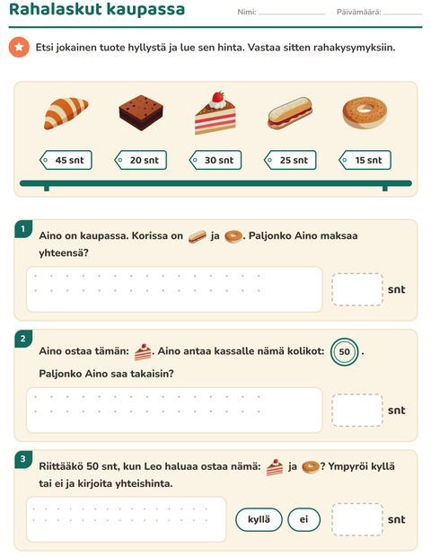 Esikatselu: Rahalaskut-tehtäväarkki, aiheena Leipomo, 2. luokka