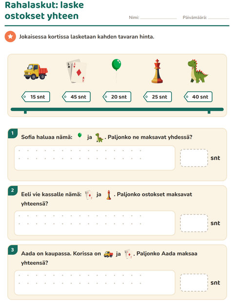 Rahalaskut: kahden tavaran yhteishinta kolme kertaa