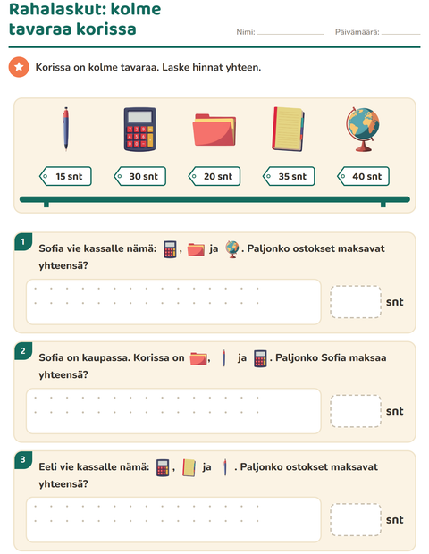 Esikatselu: Rahalaskut-tehtäväarkki, aiheena Luokkahuone, 2. luokka