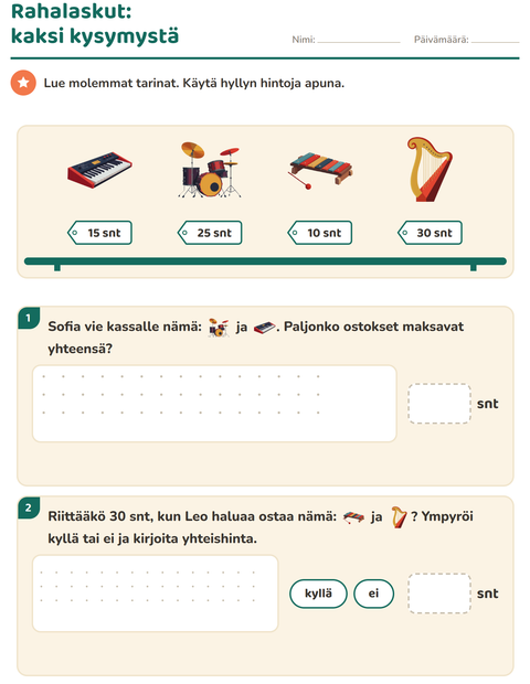 Esikatselu: Rahalaskut-tehtäväarkki, aiheena Musiikki, 2. luokka