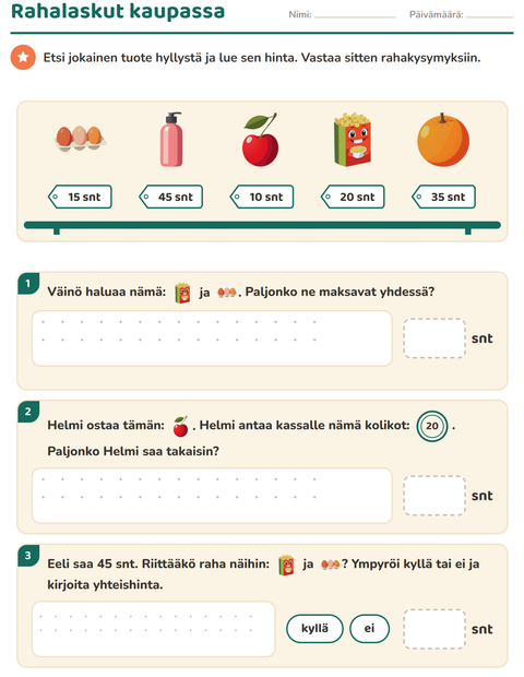 Esikatselu: Rahalaskut-tehtäväarkki, aiheena Ruokakaupassa, 2. luokka