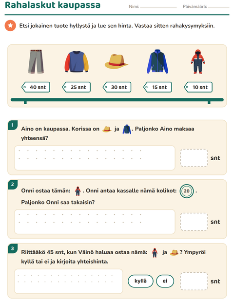 Esikatselu: Rahalaskut-tehtäväarkki, aiheena Vaatteet, 2. luokka