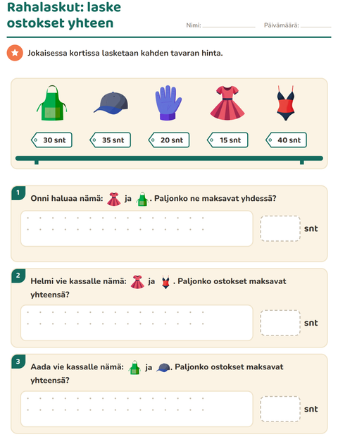 Esikatselu: Rahalaskut-tehtäväarkki, aiheena Vaatteet, 2. luokka