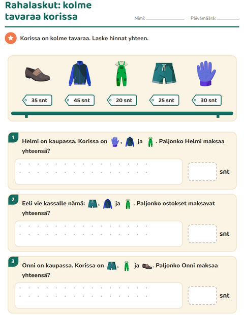 Esikatselu: Rahalaskut-tehtäväarkki, aiheena Vaatteet, 2. luokka