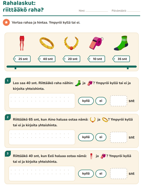 Esikatselu: Rahalaskut-tehtäväarkki, aiheena Asusteet, 2. luokka