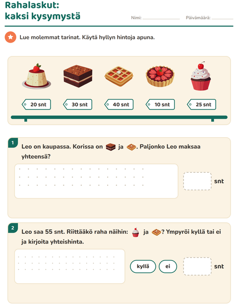 Esikatselu: Rahalaskut-tehtäväarkki, aiheena Jälkiruoat ja makeiset, 2. luokka