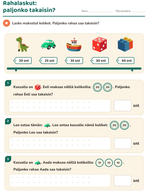 Esikatselu: Rahalaskut-tehtäväarkki, aiheena Lelut, 2. luokka