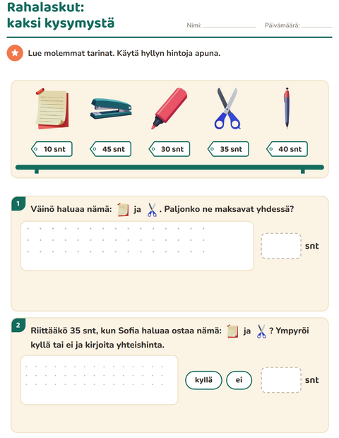 Esikatselu: Rahalaskut-tehtäväarkki, aiheena Luokkahuone, 2. luokka
