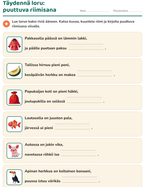 Esikatselu: Riimisanat-tehtäväarkki, 1. luokka