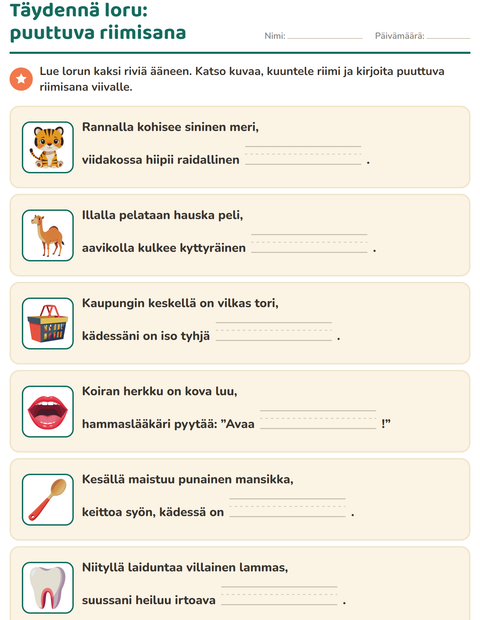 Esikatselu: Riimisanat-tehtäväarkki, 1. luokka