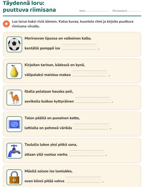 Esikatselu: Riimisanat-tehtäväarkki, 1. luokka