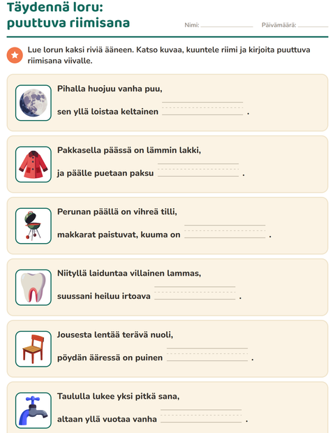 Esikatselu: Riimisanat-tehtäväarkki, 1. luokka