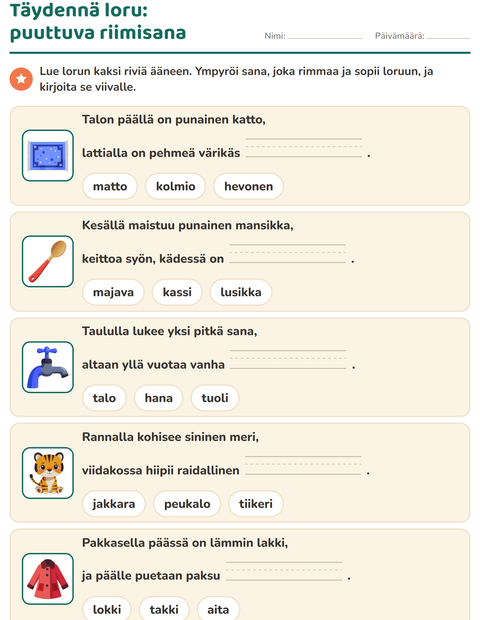 Esikatselu: Riimisanat-tehtäväarkki, 1. luokka