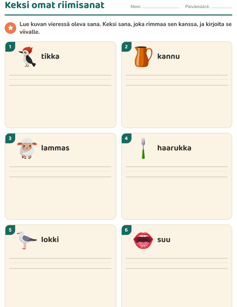 Esikatselu: Riimisanat-tehtäväarkki, 1. luokka