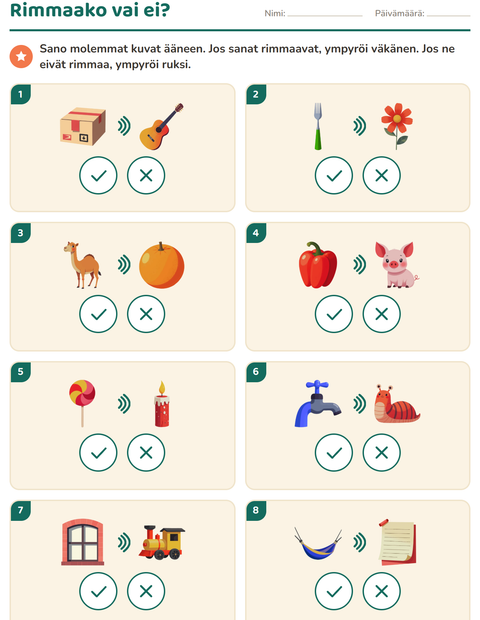 Esikatselu: Riimisanat-tehtäväarkki, Esiopetus