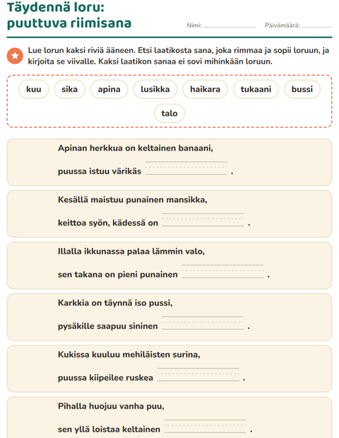 Esikatselu: Riimisanat-tehtäväarkki, 1. luokka