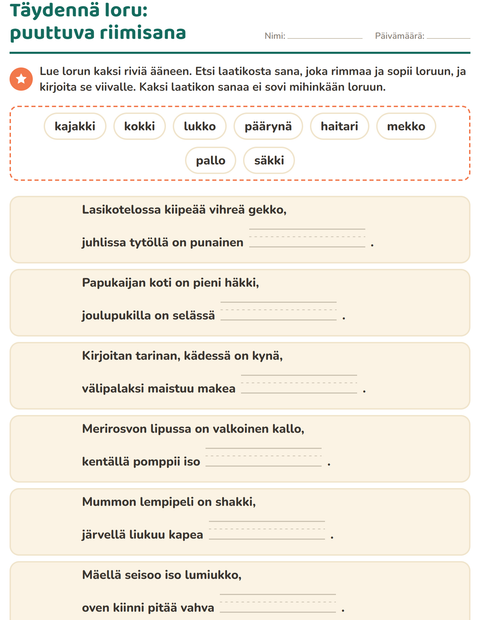 Esikatselu: Riimisanat-tehtäväarkki, 1. luokka