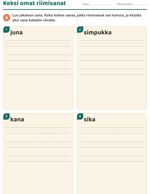 Esikatselu: Riimisanat-tehtäväarkki, 1. luokka