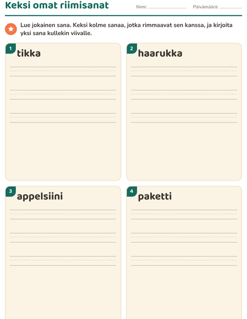 Esikatselu: Riimisanat-tehtäväarkki, 1. luokka
