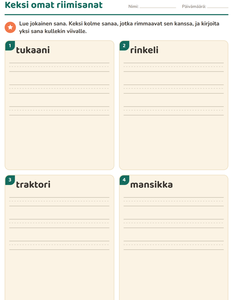 Esikatselu: Riimisanat-tehtäväarkki, 1. luokka