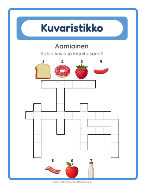 Esikatselu: Ristikko-tehtäväarkki, aiheena Aamiainen, 2. luokka