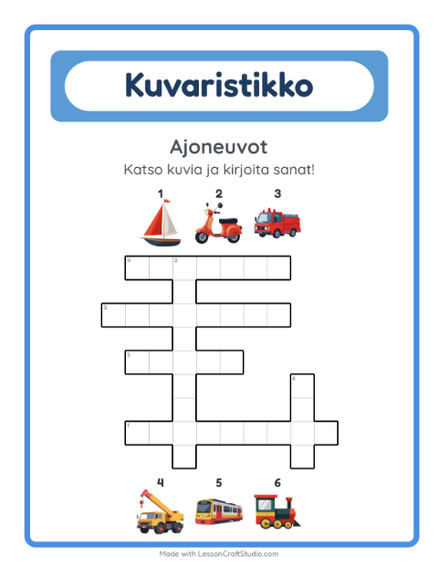 Esikatselu: Ristikko-tehtäväarkki, aiheena Ajoneuvot, 2. luokka