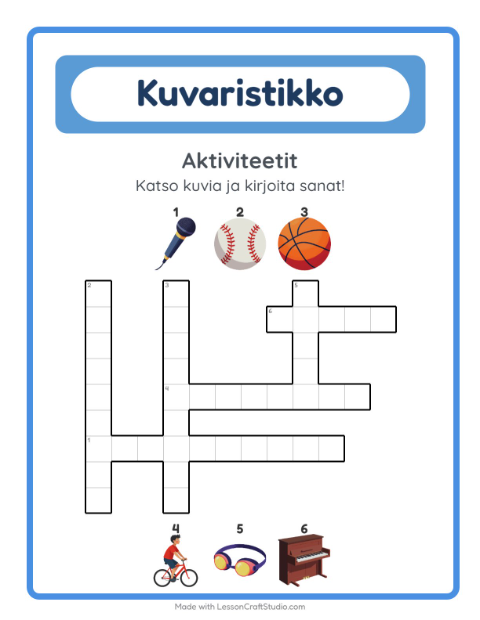 Esikatselu: Ristikko-tehtäväarkki, aiheena Aktiviteetit, 2. luokka