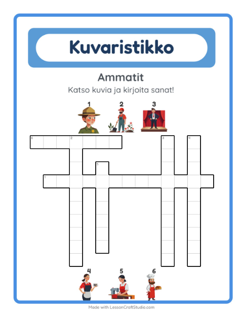 Esikatselu: Ristikko-tehtäväarkki, aiheena Ammatit, 2. luokka