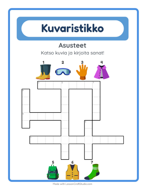 Esikatselu: Ristikko-tehtäväarkki, aiheena Asusteet, 2. luokka