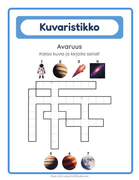 Esikatselu: Ristikko-tehtäväarkki, aiheena Avaruus, 2. luokka