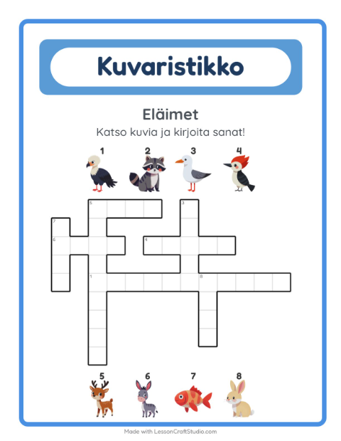 Esikatselu: Ristikko-tehtäväarkki, aiheena Eläimet, 2. luokka