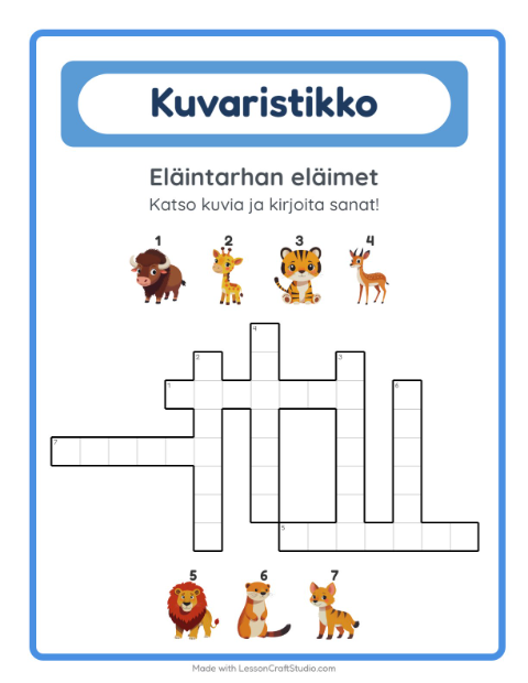 Esikatselu: Ristikko-tehtäväarkki, aiheena Eläintarhan eläimet, 2. luokka