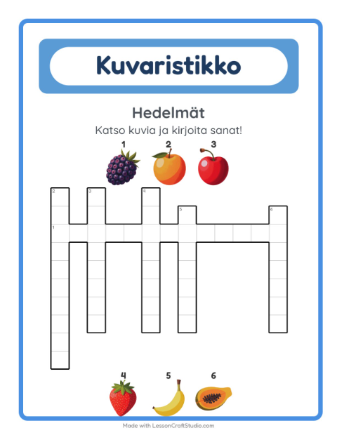 Esikatselu: Ristikko-tehtäväarkki, aiheena Hedelmät, 2. luokka