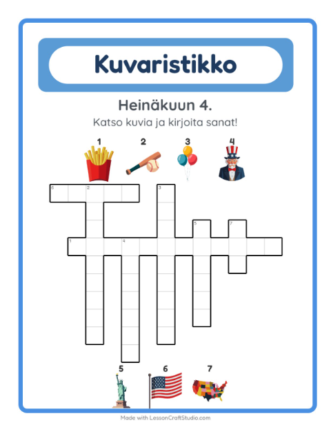 Esikatselu: Ristikko-tehtäväarkki, aiheena Heinäkuun 4., 2. luokka
