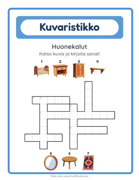 Esikatselu: Ristikko-tehtäväarkki, aiheena Huonekalut, 2. luokka