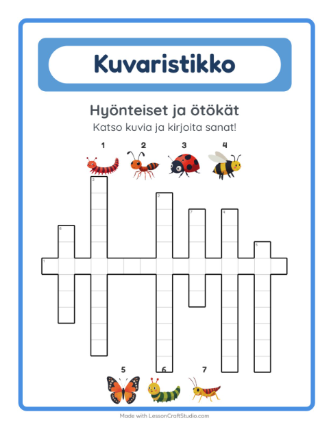 Esikatselu: Ristikko-tehtäväarkki, aiheena Hyönteiset ja ötökät, 2. luokka