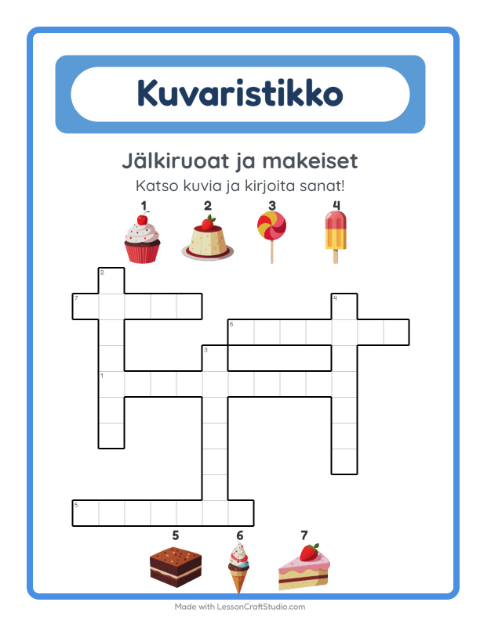 Esikatselu: Ristikko-tehtäväarkki, aiheena Jälkiruoat ja makeiset, 2. luokka