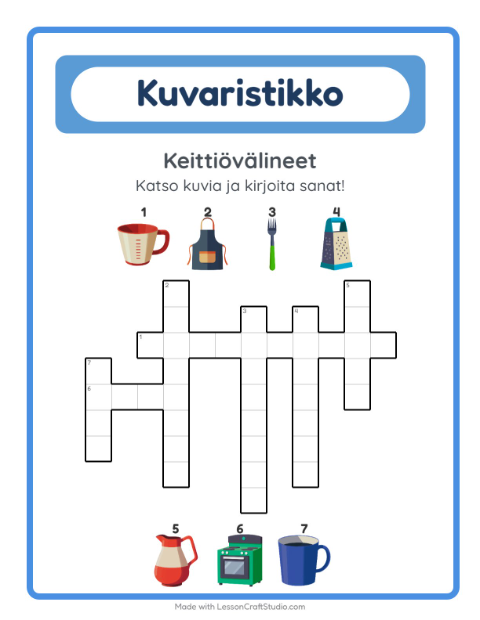 Esikatselu: Ristikko-tehtäväarkki, aiheena Keittiövälineet, 2. luokka