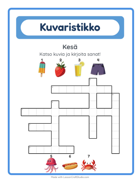 Esikatselu: Ristikko-tehtäväarkki, aiheena Kesä, 2. luokka
