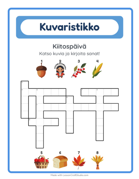 Esikatselu: Ristikko-tehtäväarkki, aiheena Kiitospäivä, 2. luokka
