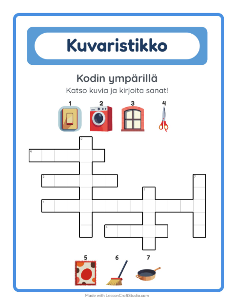 Esikatselu: Ristikko-tehtäväarkki, aiheena Kodin ympärillä, 2. luokka